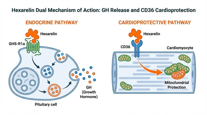 Hexarelin Dual Mechanism: GHS-R1a and CD36 Pathways