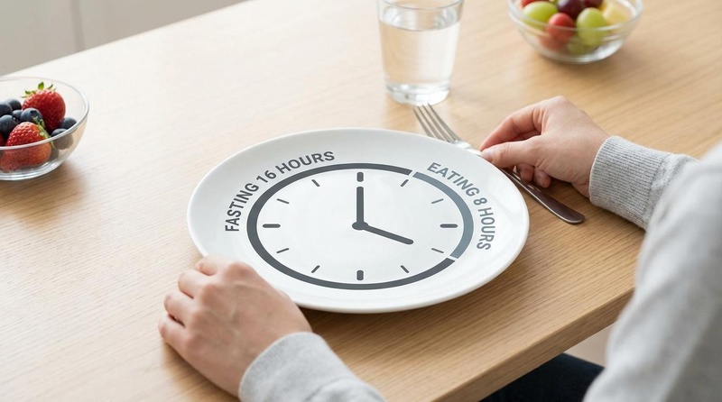 Concept of 16:8 Intermittent Fasting showing the eating and fasting windows