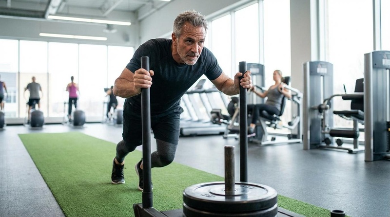 A fit individual in their 50s performing a high-intensity workout, representing mitochondrial health and physical performance.