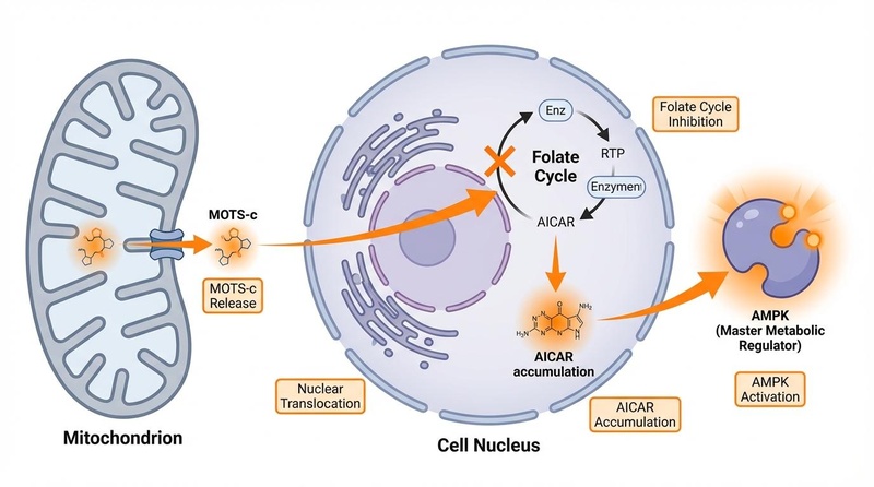 Diagram showing the MOTS-c peptide pathway from mitochondria to nucleus, inhibiting the folate cycle and activating AMPK.